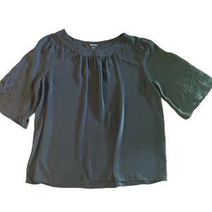 Ann Taylor black blouse top floral lace embroidery sleeve XL
